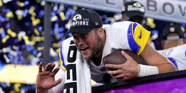 Los Angeles Rams quarterback Matthew Stafford celebrates after the Rams beat the Cincinnati Bengals in the NFL 56th Super Bowl football game Sunday, February 13, 2022, in Inglewood, California.