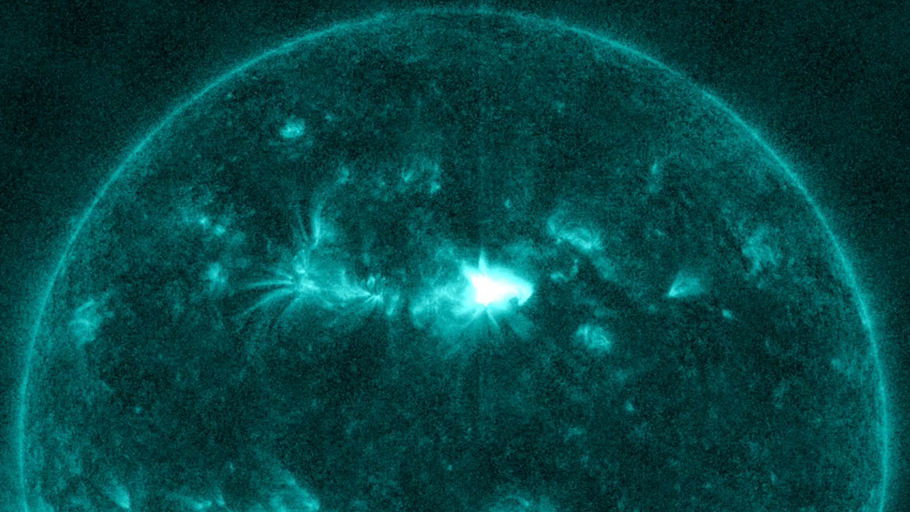 One of 17 different flares from active sunspot AR 2975 shines brightly in this image from NASA's Solar Dynamics Observatory taken on March 28-29, 2022.