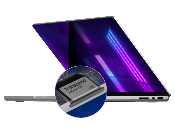 MacBook Pro seen from side with neon purple background on screen half open on white background.  Overtop is a small close-up of the 1TB Transcend JetDrive lite.