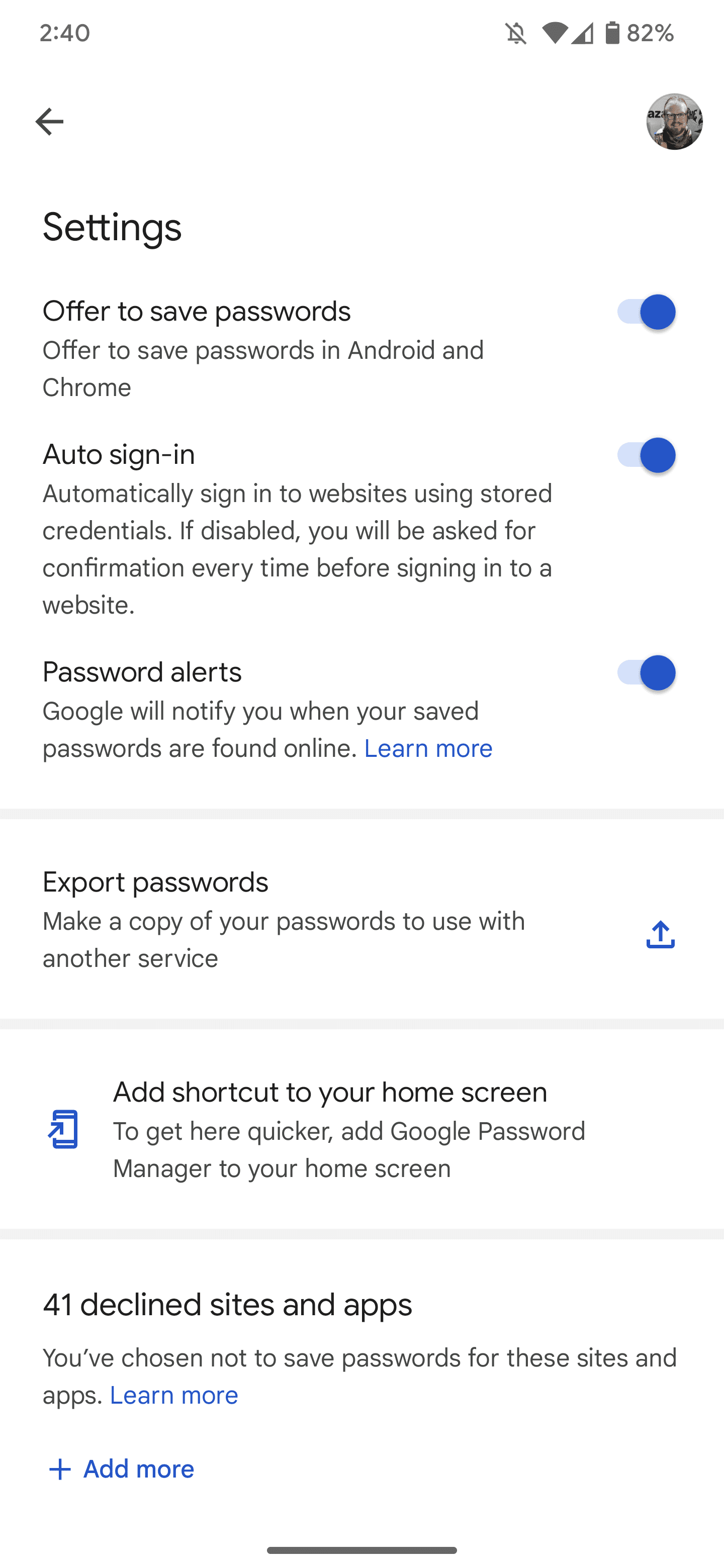 Google Password Manager settings with "Add a shortcut to your home screen" Selection.