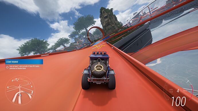 A truck races down a steep-angle track in the Forza Horizon 5 Hot Wheels expansion, revealing the new HUD element for the roll indicator.