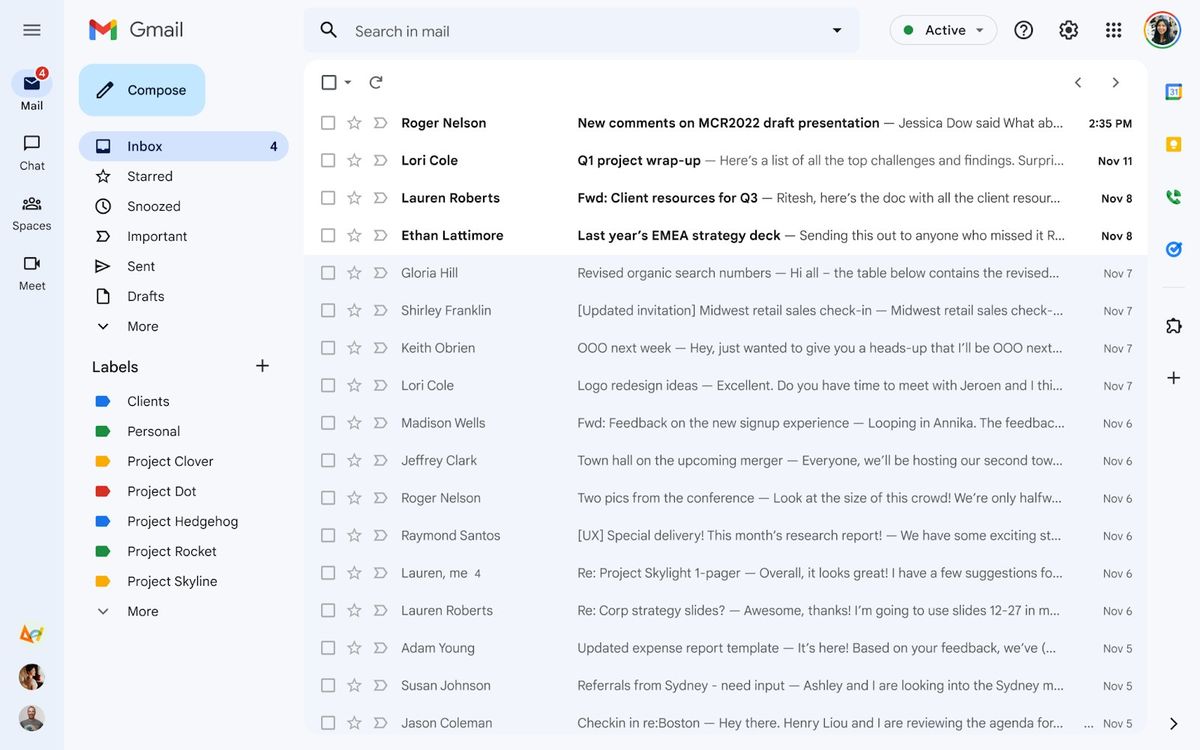 The new Gmail user interface puts buttons for Gmail, Chat, Spaces, and Meet in one bar.