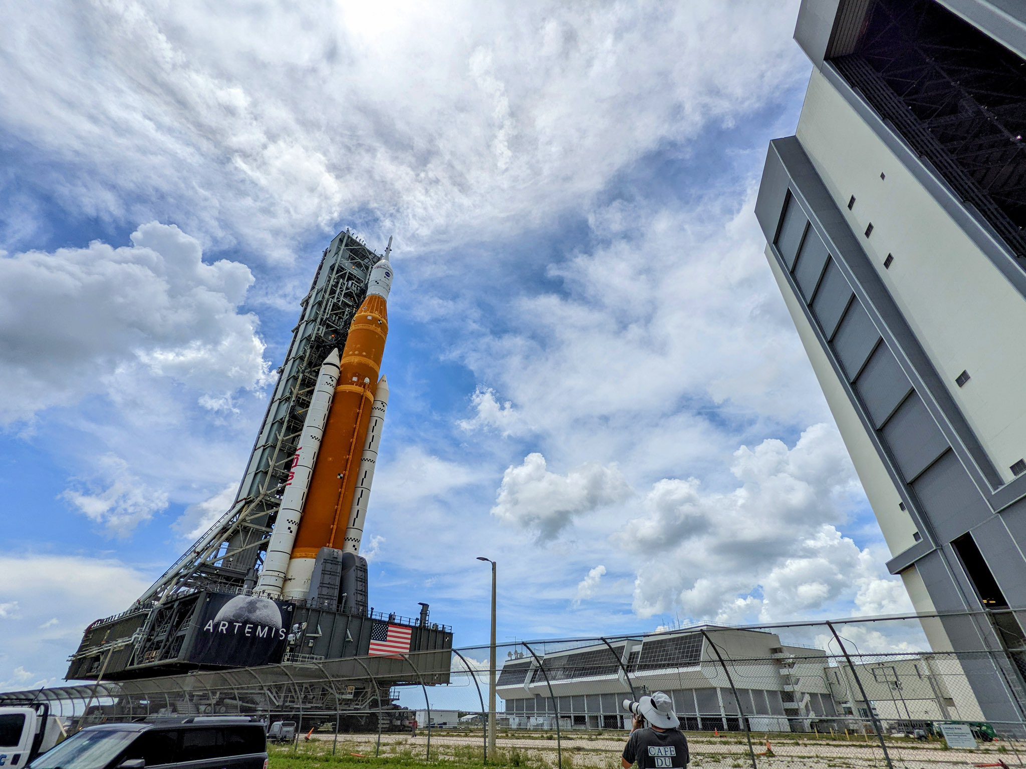 NASA's Artemis 1 stack near the vehicle assembly building at the Kennedy Space Center on July 2, 2022.