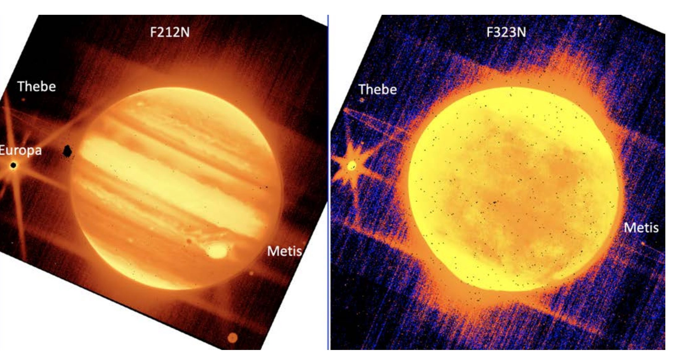 Left: Jupiter and its moons Europa, Thebe, and Metis are seen through the 2.12-micron NIRCam filter from the James Webb Space Telescope.  Right: Jupiter, Europa, Thebes, and Metis can be seen through the 3.23-micron NIRCam filter.