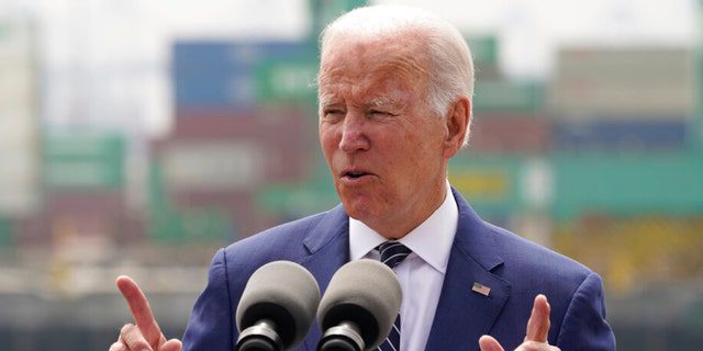 President Biden talks about inflation and supply chain issues at the Port of Los Angeles, Friday, June 10, 2022 in Los Angeles. 