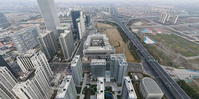 An aerial view shows the construction site for New York University's new campus, NYU Shanghai, in Shanghai, China, February 16, 2022.