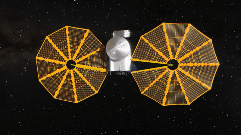 NASA's view of the Lucy spacecraft before efforts are made to fully open one of its solar arrays in May and June.