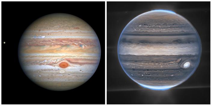 Hubble image of Jupiter (left) JWST image of Jupiter (right)